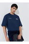 Navy Blue Slogan Print Crew Neck Oversized T-Shirt - 4