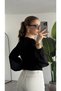 Women's Black V-Neck Balloon Sleeve Corsage Detailed Buttoned Crop Blouse - 2