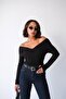 Women's Black Viscose Ribbed Boat Neck Cross Draped Long Sleeve Fit Blouse - 2