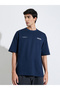 Navy Blue Slogan Print Crew Neck Oversized T-Shirt - 3