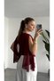 Women's Burgundy V-Neck Chiffon Sleeve Slit Detailed Gathered Spanish Sleeve Stylish Blouse - 4