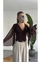 Women's Brown V-Neck Chiffon Sleeve Slit Detailed Gathered Spanish Sleeve Stylish Blouse - 2