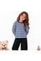 Girl's Navy Blue-White Striped Crew Neck Embroidered Sweatshirt - 3