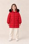 Girl's Fur Detailed Hooded Long Winter Puffer Coat - Red
