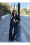 Leather Collar Stoned Denim Jacket and Trousers Set - 1167