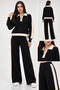 Women's Stylish Stripe Detailed Half Zipper Collared Knitwear 2-Piece Set Wide Leg - 4