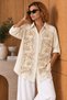 Beige Bead Embroidered Oversize Loose Cotton Viscose Shirt - 4