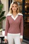 Women's Wide Polo Collar Long Sleeve Hair Braided White Detailed Classic Stylish Soft Textured Elegant Trend Casual Cinnamon Knitwear Sweater - 5