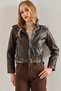Women's Brown Epaulettes Belted Zipper Stand Collar Biker Leather Jacket 2286 - 8