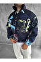 Navy Blue Graffiti Patterned Oversize Plush Sweatshirt with Half Zipper