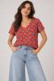 Women's 100% Cotton V-Neck Short Sleeve T-Shirt - Red Floral Bouquet