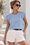 Women's Blue Cotton Modal Crew Neck T-Shirt - Short Sleeve Blouse with Accessory Detail - 4