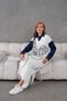 Women's Denim Sleeve Beaded Embroidered Wide Fit Long Knitwear Dress - 5