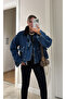 Denim Jacket with Velvet Collar and Belt Detail - 1114 - 4