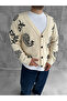 Beige Shawl Patterned Buttoned Premium Oversize Knitwear Knitted Cardigan - 3