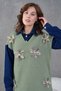 Women's Floral Appliqué Shirt Collar Long Knit Dress with Denim Trim - 5
