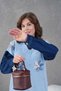 Women's Floral Appliqué Shirt Collar Long Knit Dress with Denim Trim - 5