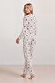 Women's Ecru Teddy Bear and Heart Patterned V-Neck Long Sleeve Cotton Pajama Set - 3
