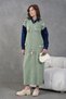 Women's Floral Appliqué Shirt Collar Long Knit Dress with Denim Trim - 3