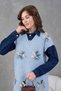 Women's Floral Appliqué Shirt Collar Long Knit Dress with Denim Trim - 4