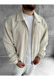 Ecru Oversize Velvet Zippered Bomber Jacket - 3