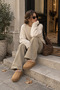 Women's Tan Knitted Detailed Suede Look Plush Lined Platform Closed Slippers - 6