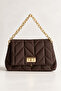 Women's Gold Chain and Buckle Detailed Brown Quilted Strap Adjustable Shiny Surface Stylish Daily Bag with Double Interior Compartments and Lining