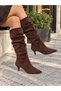 Women's Ti̇ma Brown Suede 6 cm Heeled Bellows Pointed Toe Nailed Heel Boots - 3
