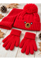 6-12 Years Old Children's Cotton Scarf, Beanie and Glove Set with Teddy Bear, Set of 3 - 3
