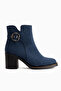 Tania Navy Blue Suede Buckle Detailed Heeled Women's Boots