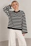 Women's Black Striped Crew Neck Oversize Casual Stylish Wide Spanish Sleeve Knitwear Sweater