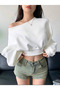 White Loose Fitting Women's Solid Color Asymmetrical Collar Long Sleeve Sweatshirt