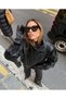 New Season Women's Oversize Stand Collar Black Leather Jacket with Epaulettes