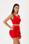 Women's Red Bustier Shorts Skirted Strap Swimsuit Set Lycra