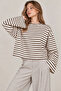 Women's Red Striped Woven Fabric Spanish Sleeve Crew Neck Blouse - 4