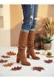 Women's Thick Heeled Long Suede Boots with Metal Detail - 2