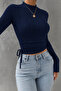 Navy Blue Lace Patterned Long Sleeve Crop Blouse, Navy Blue Embroidery Patterned Side Gathered Lycra Blouse - 3