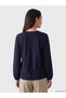 Navy Blue Crew Neck Decorative Stitched Blouse - 4
