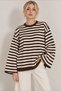 Women's Brown Striped Crew Neck Oversize Casual Stylish Wide Spanish Sleeve Knitwear Sweater