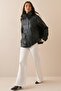 Agli̇mmer Women's Pb Long Oversize Zippered Pocketed Brown Leather Jacket - 3