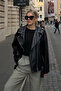 Agli̇mmer Long Oversize Women's Black Faux Leather Jacket - 2