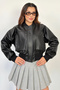 Agli̇mmer Pb Oversize Bomber Zippered Double Pocket Ribbed Black Leather Jacket - 3
