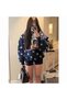 Women's Oversize Navy Blue Star Patterned Nyc Printed Hooded Sweatshirt with Kangaroo Pocket - 5