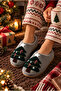 Women's New Year's Themed, Pine Tree Embroidered, Suede, Plush Lined House Slippers - 3