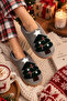 Women's New Year's Themed, Pine Tree Embroidered, Suede, Plush Lined House Slippers - 4