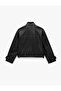 Off-Shoulder Long Sleeve Pocketed Zipper Stand Collar Faux Leather Crop Jacket - 6