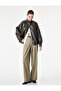 Zippered Stand Collar Long Sleeve Oversize Faux Leather Jacket with Pockets