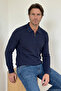 Men's Zippered Polo Collar Navy Blue Sweater Ribbed Textured Thin Knitwear Classic Pattern - 5411A - 5