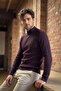 Men's Half Fisherman Plum Sweater Slim Ribbed Patterned Classic Fit - 5411B - 5