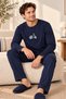 Men's Embroidered Navy Blue Long Sleeve Combed Cotton Fabric Seasonal Pajama Set - 2